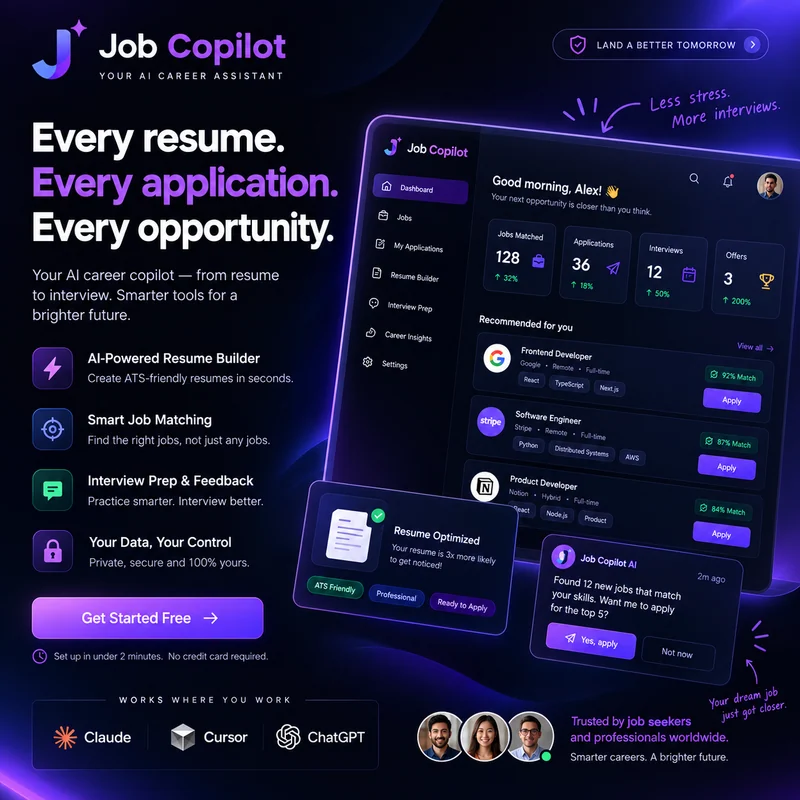 Job Copilot AI with its purple J identity, resume builder, matched jobs, application dashboard, and interview preparation.