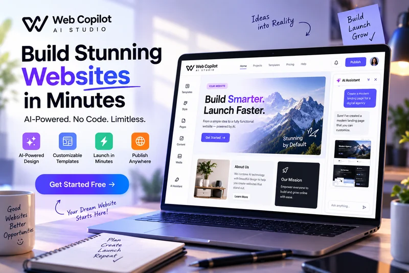 Web Copilot AI Studio website builder with page templates, a visual editor, and an AI assistant.